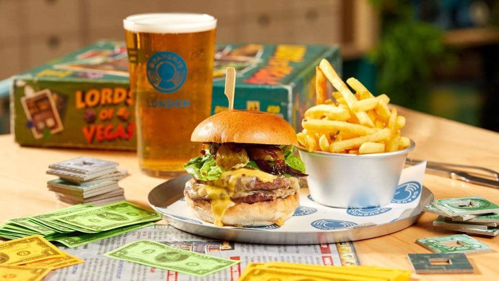 Beer, Burger and fries at Draughts London Restaurant Waterloo and Hackney