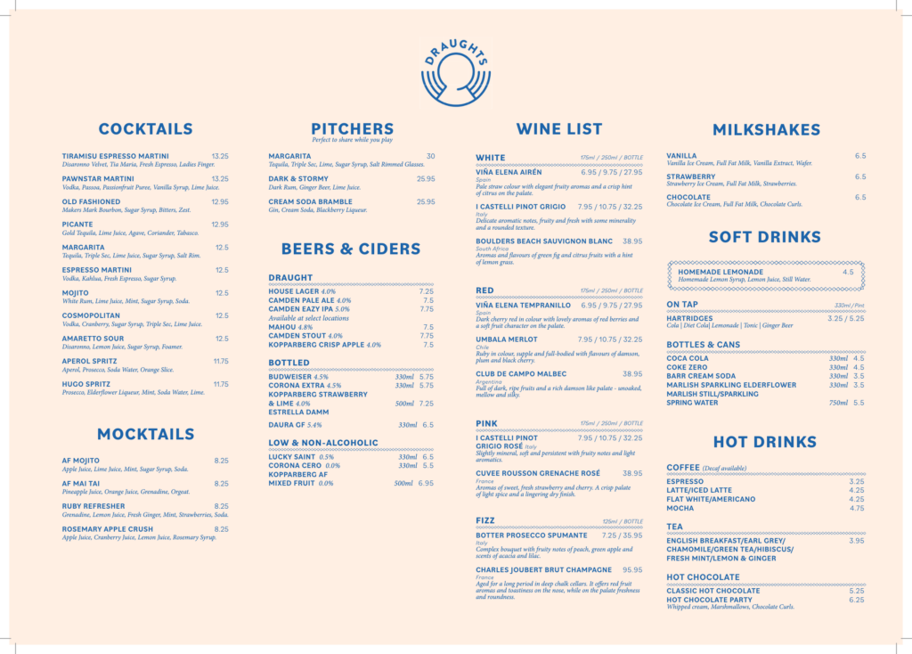 Draughts Food and Drink menu