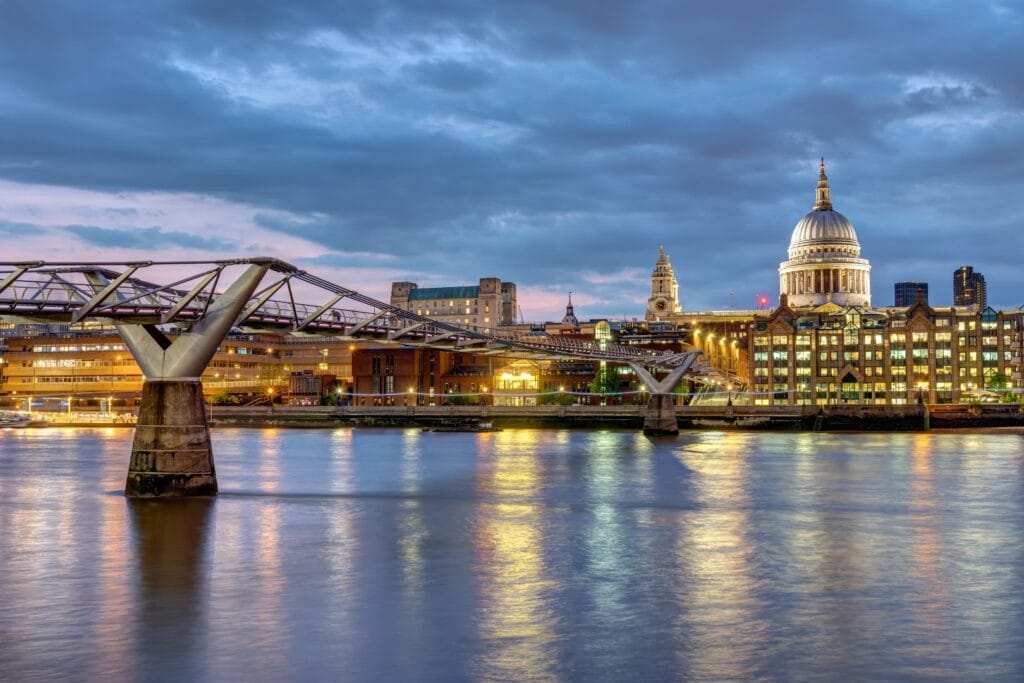 Waterloo London Skyline at Twilight Reflects in River Thames